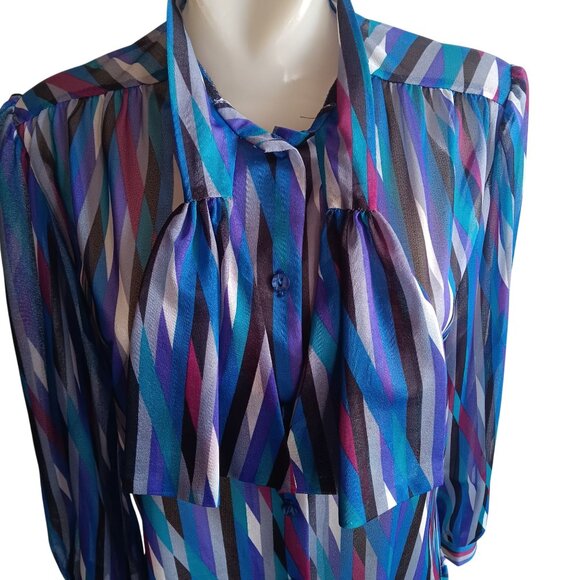 12 Vintage Teddi California Sheer Striped Button-Up Blouse Tie Neck Puff Sleeves - Picture 1 of 8